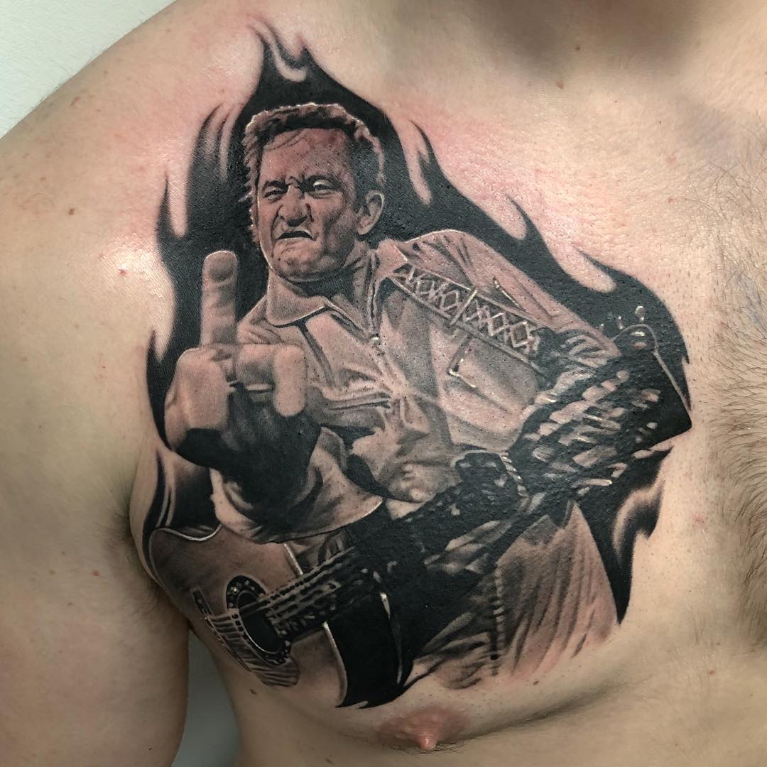 Traditional style Johnny Cash done by Shane Miller @ Loyalty Tattoo Co. in  Holly, Michigan, USA! : r/tattoo