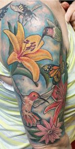 The Ace and Sword Tattoo Parlour Etobicoke Longbranch Toronto Tattoo by Laura-Lily Hummingbirds Butterfly on Arm